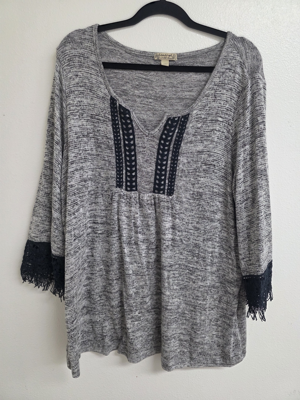 Women's Grey Marled Long Sleeve Top with Navy Crochet Trim (0646)